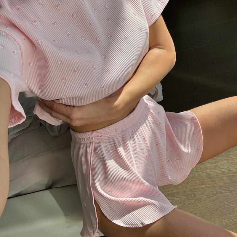 2025 Summer Ladies Casual Printing Lotus Leaf Short-sleeved Round Neck Vest Shorts Homewear Set