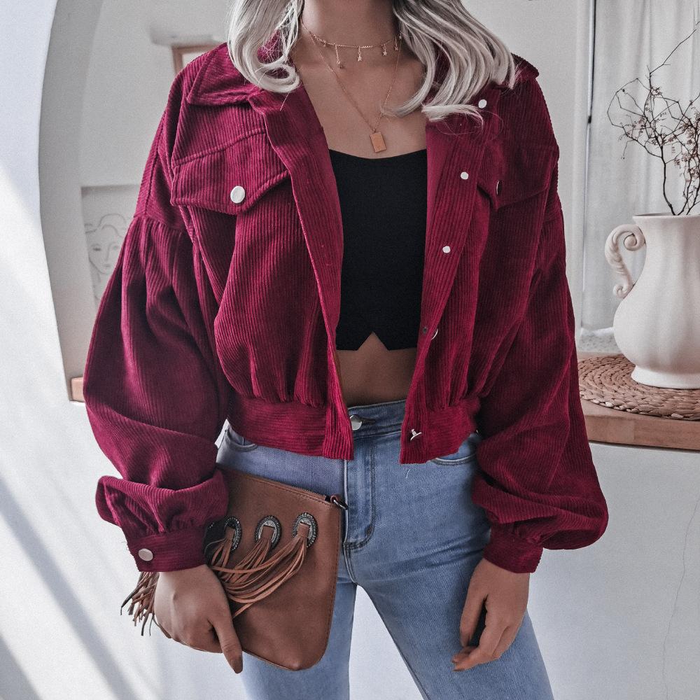 Giacca autunnale in velluto a coste Cappotto da donna Giacche corte per donna Giacche corte Sovracamicia con maniche a lanterna femminile