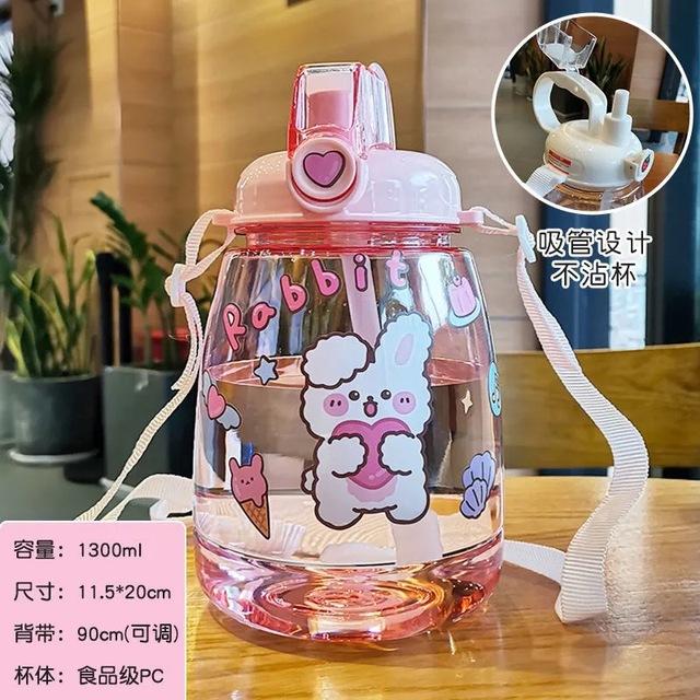 1300 ML Large Capacity Outdoor Sports Water Bottle with Straw Strap Creative Cute Sticker Portable Plastic Kids Sippy Water Cup