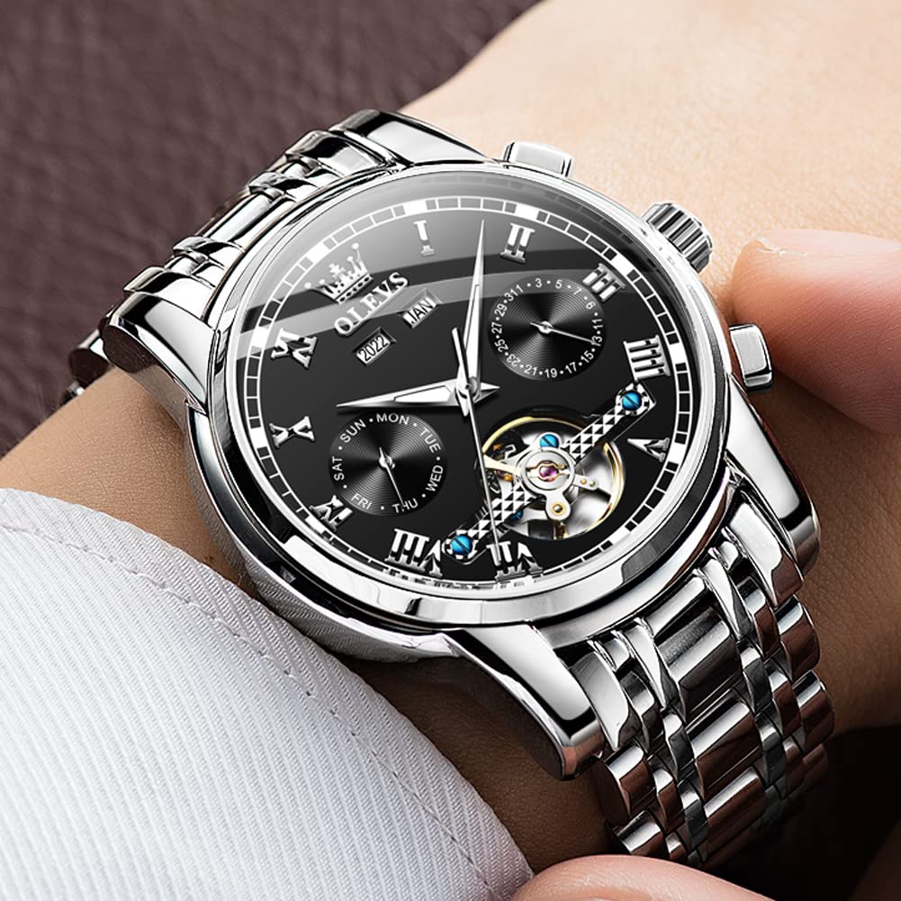 Men's Gold Automatic Watch, Mechanical Skeleton Design, Waterproof, Analog, Stainless Steel, Luxury Watch for Men (Black A)