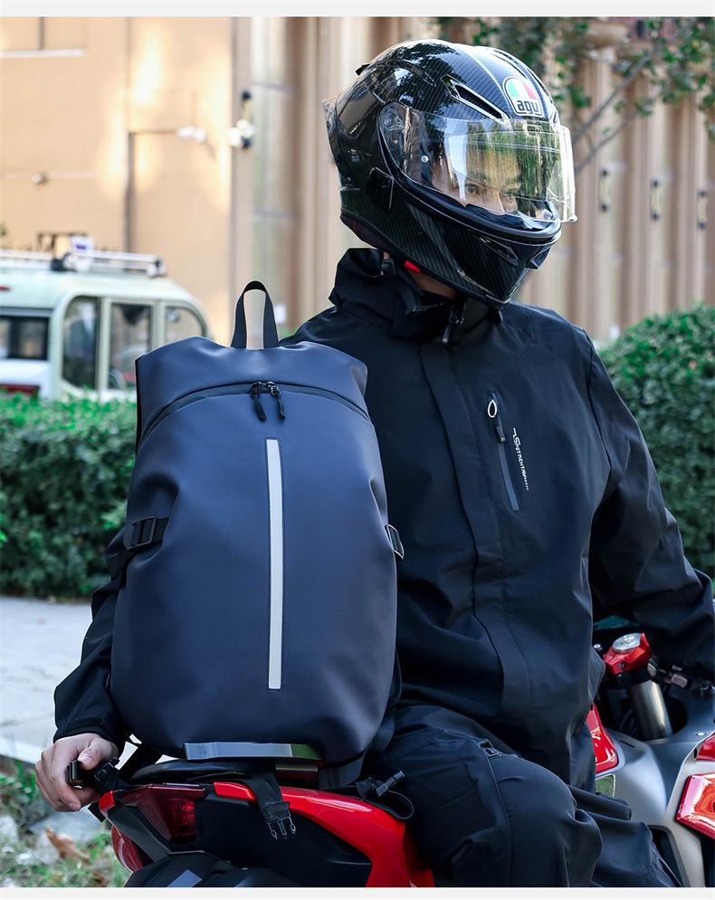 Water-Repellent Leather Motorcycle Backpack with Reflective Strips and Large Capacity