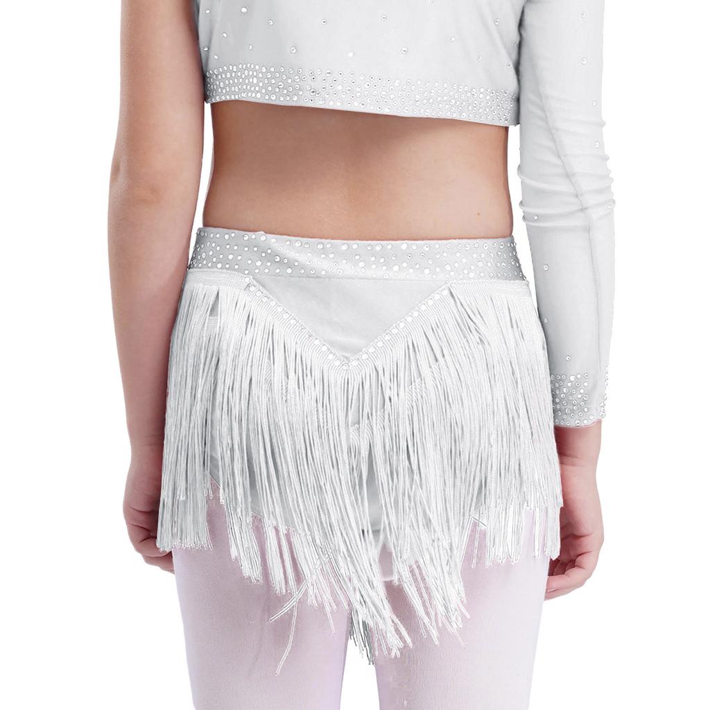 Girls Latin Dance Costume Mock Neck Sleeveless Fringe Vest Sparkly Rhinestones Tassel Skirt Performance Outfit