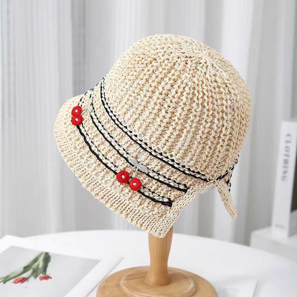 Summer Women Straw Bucket Hat Cute Cherry Breathable Panama Fisherman Hats Outdoor Travel Beach Female Sunscreen Cap