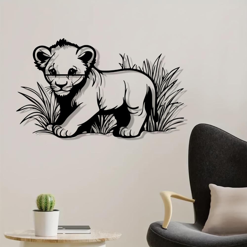 1pc Lion Cub Metal Wall Art, Safari Theme Gift for Kids Room, Weather Resistant Garden Fence Decor, Wild Animal Statue Mural