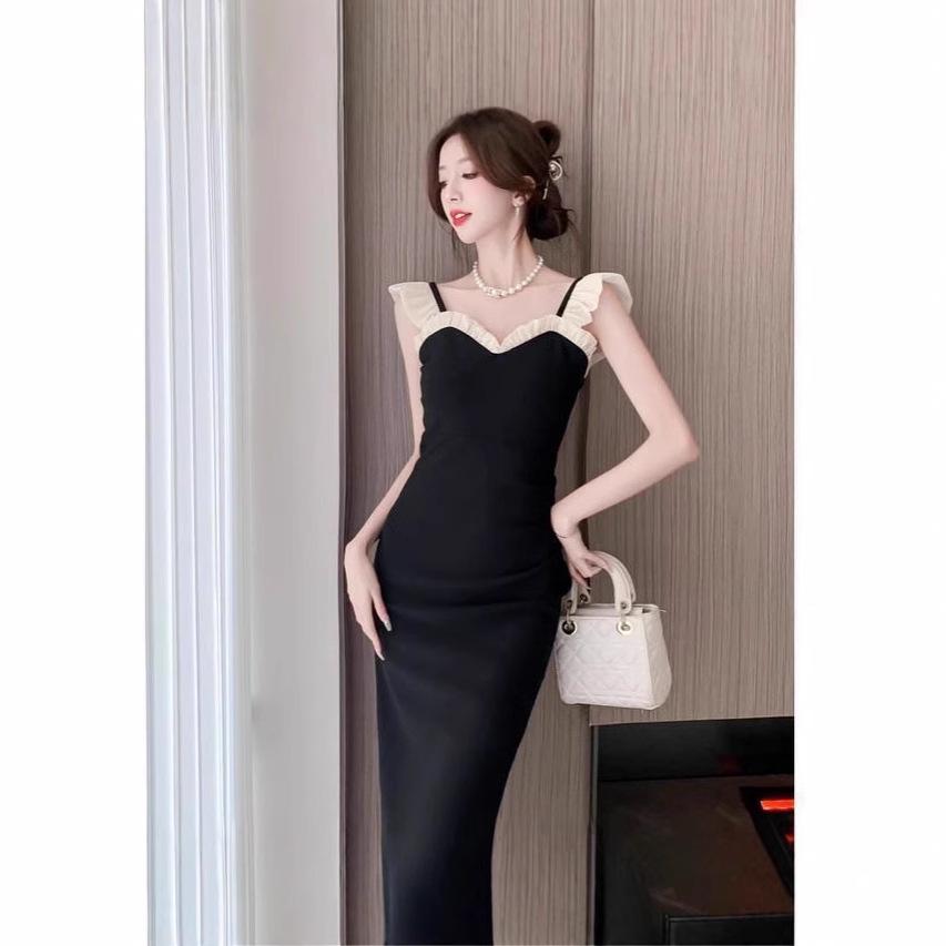 2025 French Little Black Dress: Sexy Wood Ear Edge, Slimming Waist, Slit Bodycon