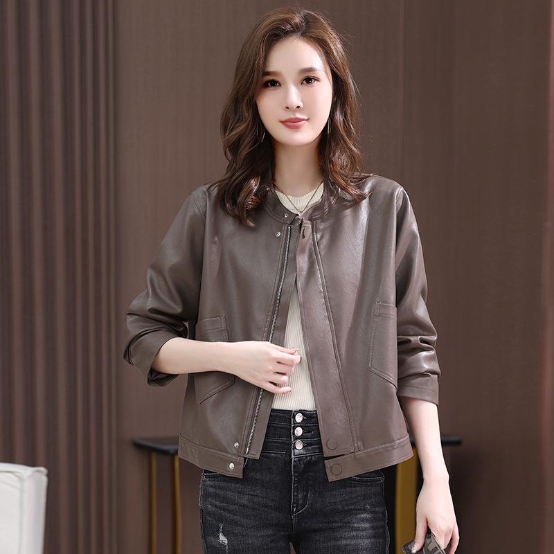 

Женская кожаная куртка ранняя весна новая для среднего возраста большого размера кожаная куртка топ короткий 2XL