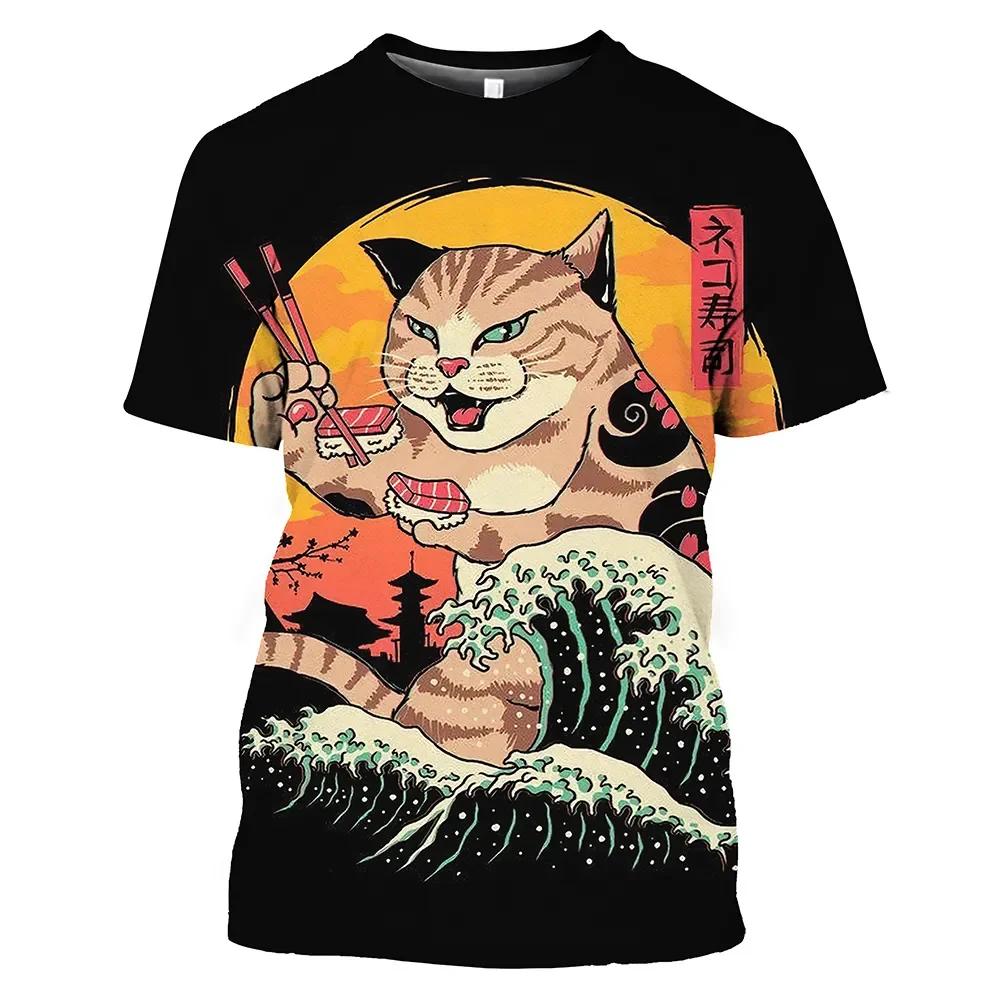 New Vintage T Shirt Men Japanese Style Short Sleeve Tops 3D Cat Tattoo Print O-neck T-shirts Oversized Tee Shirt Men Clothing