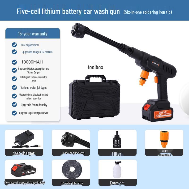 Portable Wireless Lithium Battery Car Washer: 10-Setting High-Pressure Water Gun with Six-in-One Head