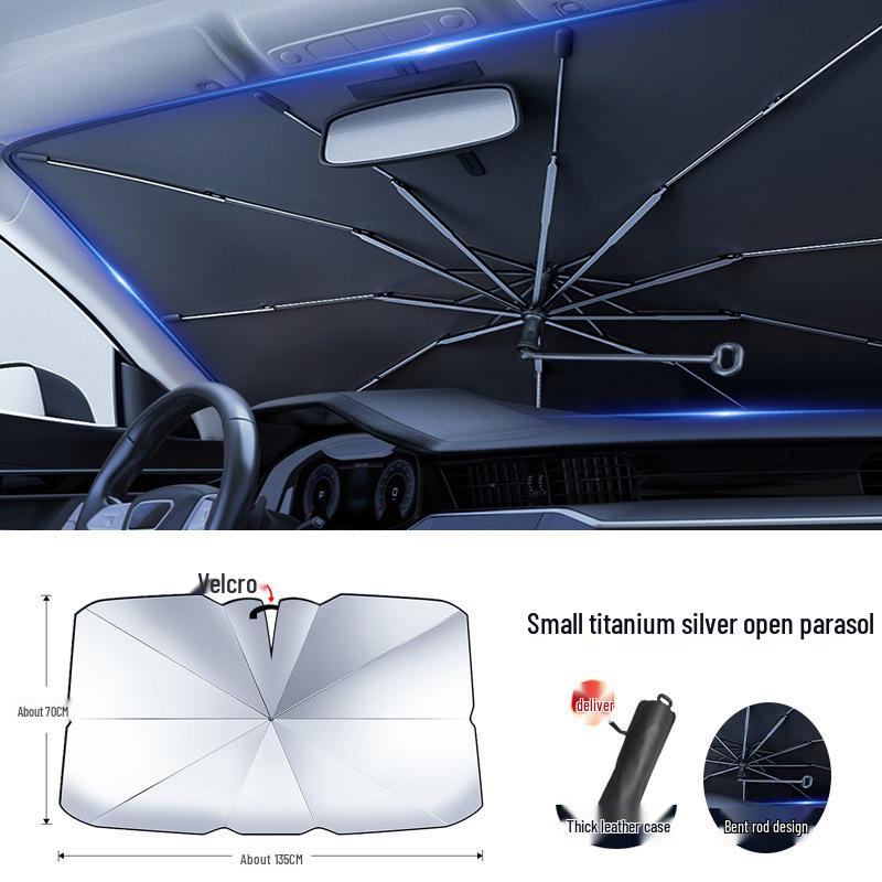 V-Shaped Titanium Gold Car Umbrella with Curved Handle for Front Windshield