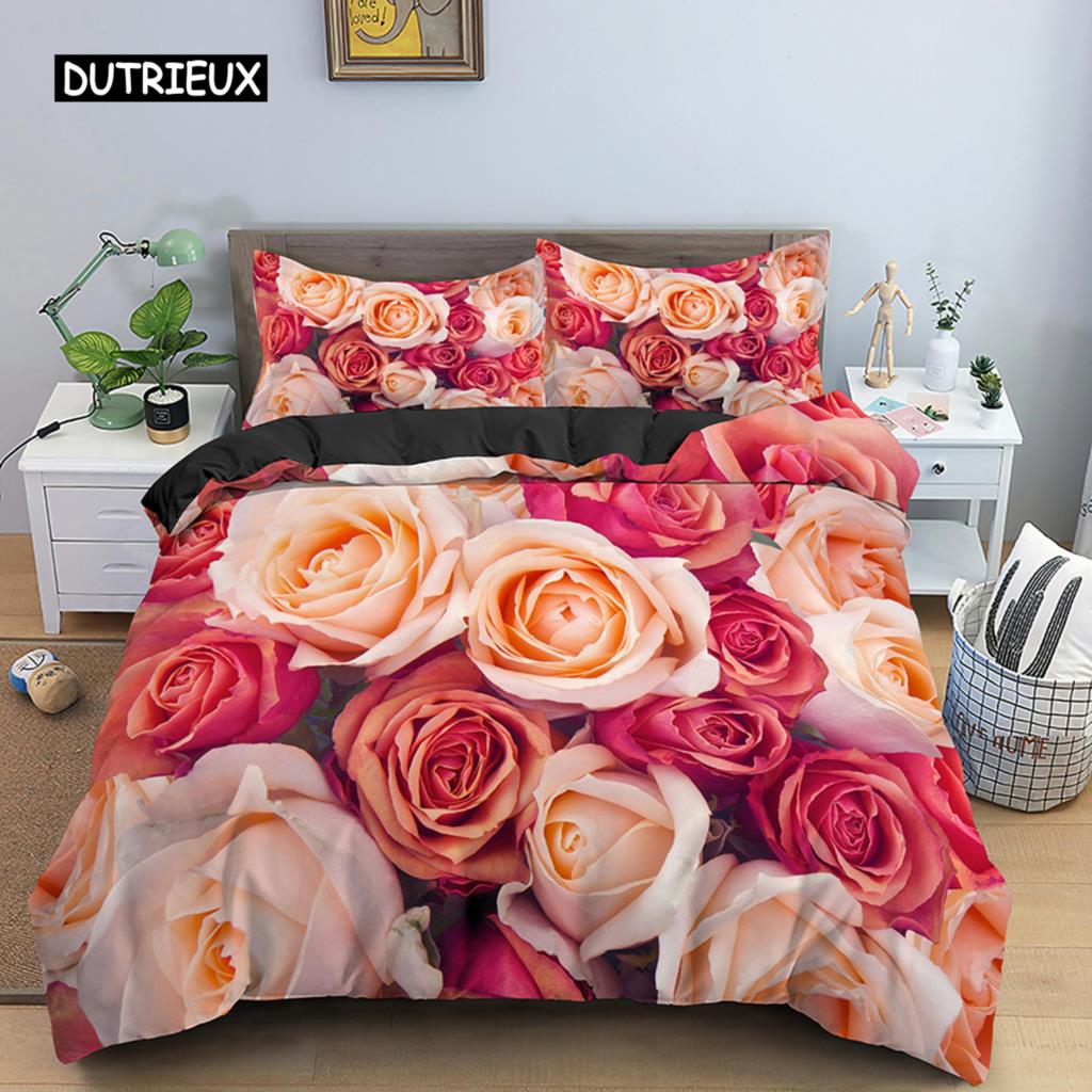 Valentine's Day Wedding Bedding Set 2/3 Pcs Luxurious Rose Love Heart Duvet Cover King Microfiber 3D Red Rose Print Quilt Cover