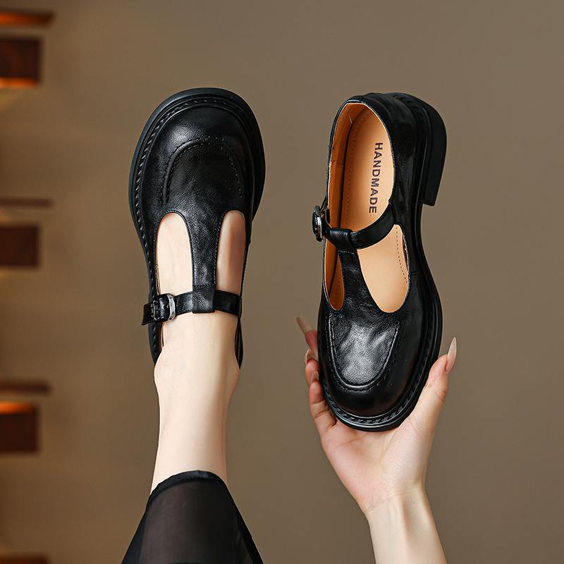 Krazing Pot Sheepskin Round Toe Size 42 Thick Med Heels Slip on Platform Gladiator Metal Buckle Autumn Pumps