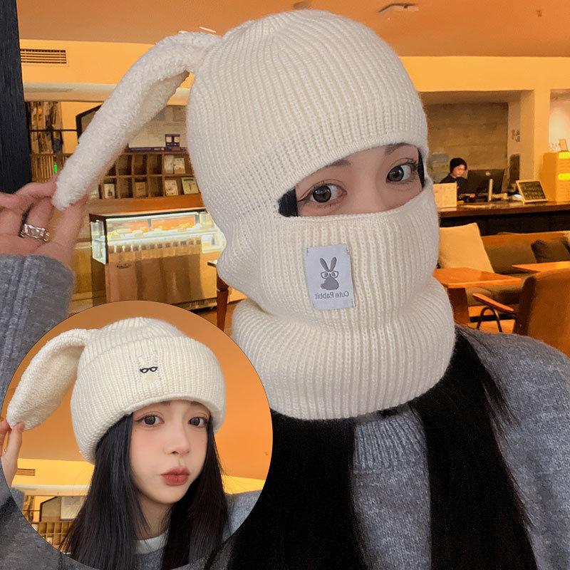 Glasses Rabbit Knitted Warm Hat Women's Cold-proof Scarf Integrated Hat Outdoor Cycling Windproof Neck Cover One-piece Hat
