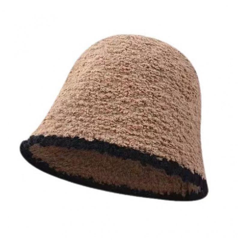 Korean & Japanese Style Lamb's Wool Knitted Bucket Hat - Solid Color, Color Block, Sweet, Warm, Autumn/Winter Fashion.