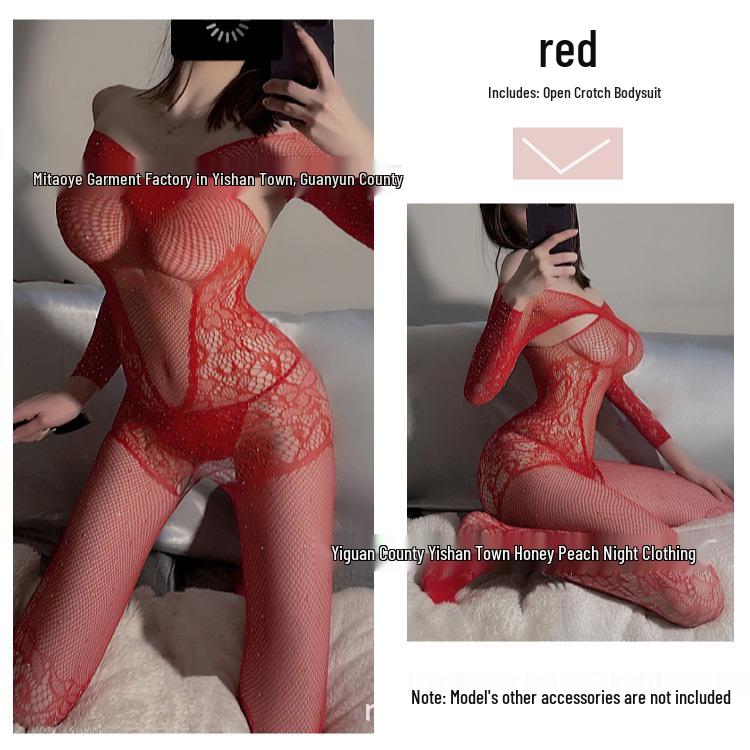 Enticing Jacquard Christmas Red Fishnet Bodystocking with Open Crotch