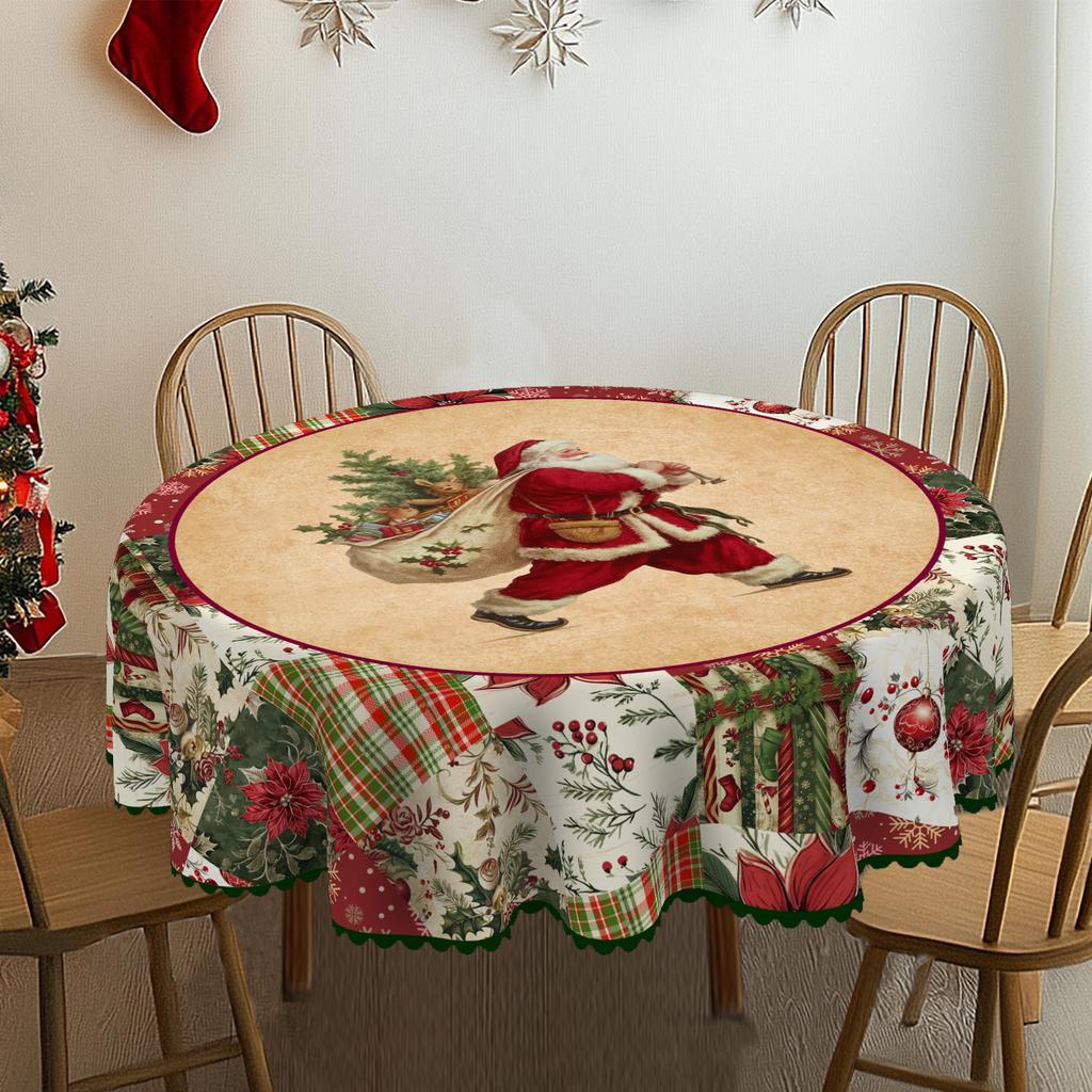 1 Christmas Themed Round And Rectangular Tablecloth, Various Sizes, Antique Santa Claus Pattern Printed Tablecloth, Christmas Garden Tablecloth Decora
