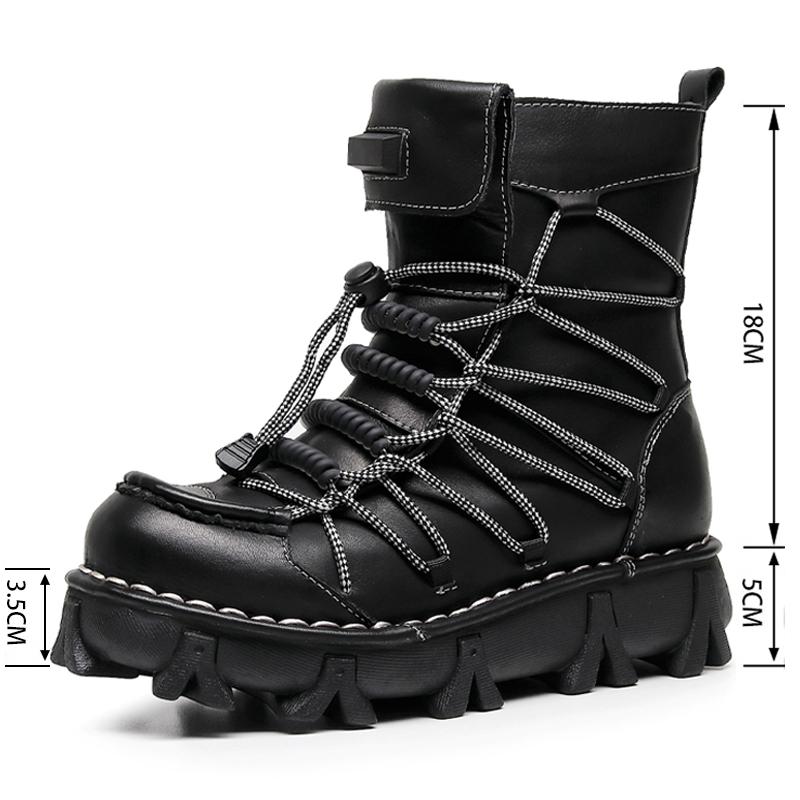

Fashion Men s Genuine Leather Motorcycle Boots Goth Punk Western Boots Lace-up Mid-calf Riding Boots Platform Elastic 50