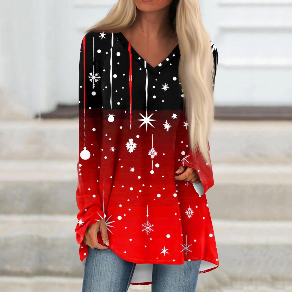 Women's Casual Long Sleeved V-neck Floral Print Long Loose T-shirt Top