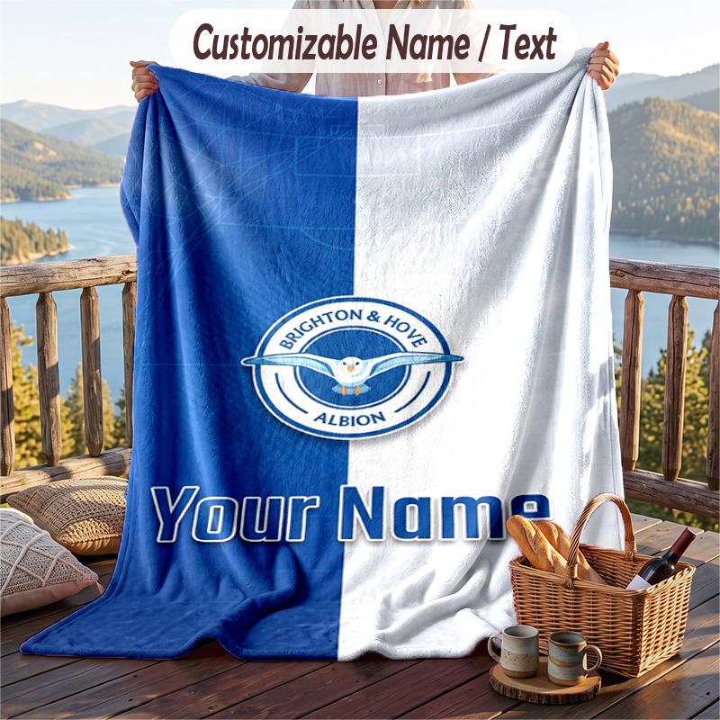 Flannel Blanket Brighton & Hove Albion Football Print Custom Name Text Soft Throw for Sofa Bed
