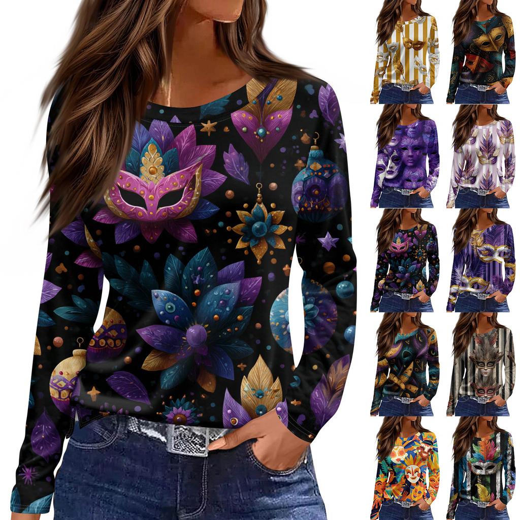 Women's Fashionable Casual Neck Long Sleeve Hem Split Carnival Print T-Shirt Top