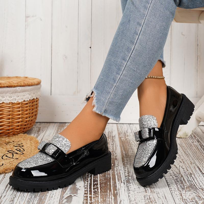 Patchwork Bling Silvery Flat with Woman 3.5cm Heel Shoes Sewing Design Slip on Ladies Shoes Black Round Toe Casual Shoes