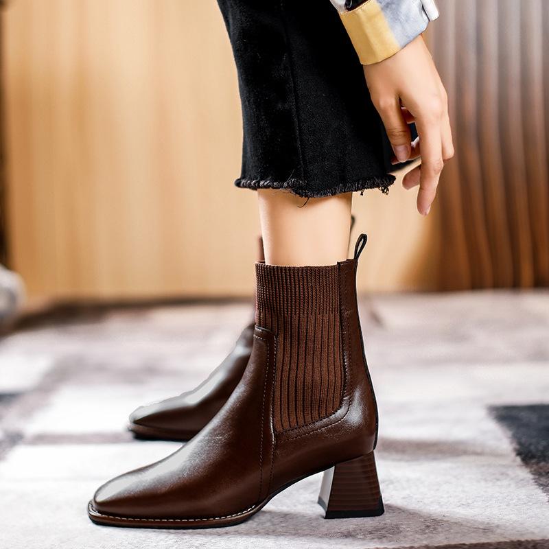 Thick Heel Square Head Short Boots Women's High Heel Socks Boots Knitted Elastic Boots 2025 New Women's Boots Medium Heel Spring and Autumn Single 