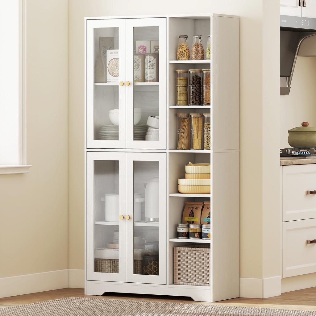 Multi-Storage Kitchen Cabinet, with Glass Doors - White Wood-Effect