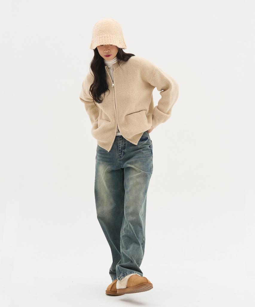 Blond9 Round Two-Way Pocket Knit Zip-Up_Beige