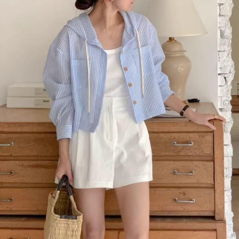 Sunscreen Long Sleeved Shirt Retro Sweatshirts for Women All-match Striped Hooded Shirt Spring