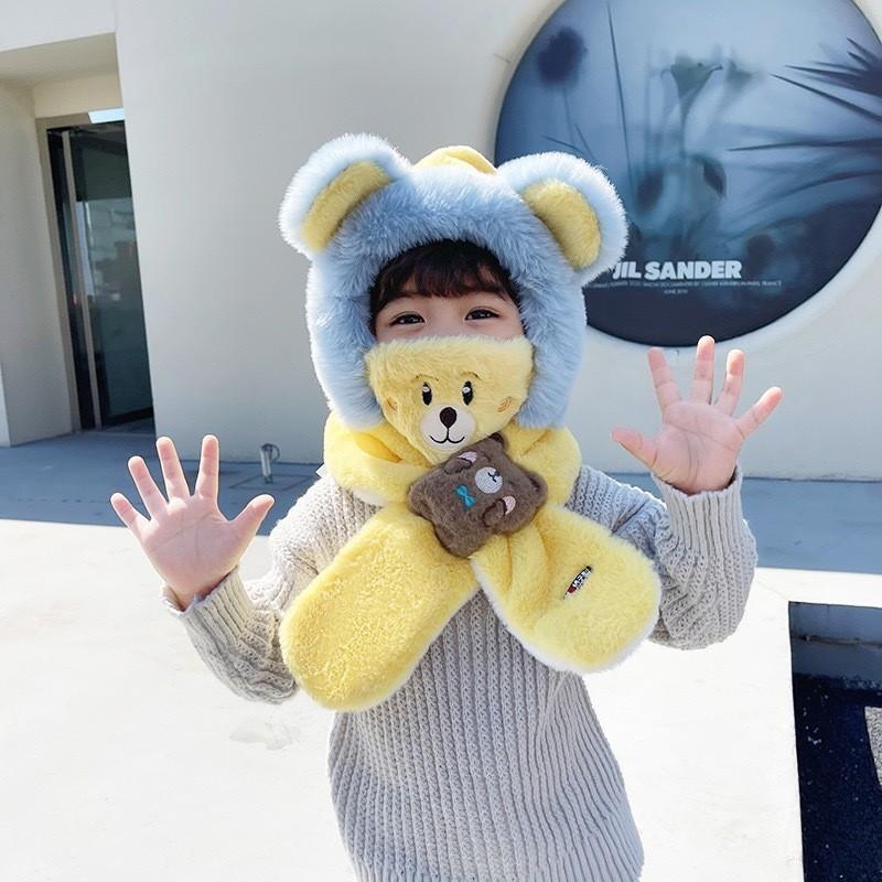 Winter Children One Piece Scarf Hat+Mask Cute Cartoon Baby Ear Protection Cap 1-6 Kids Plush Cross Neckerchief Warm Beanies