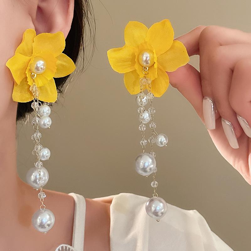 Yellow Fabric Flower Bud Dangle Earrings for Women Super Crystal Drop Earring Imitation Pearl Tassel Hanging Party Jewelry D