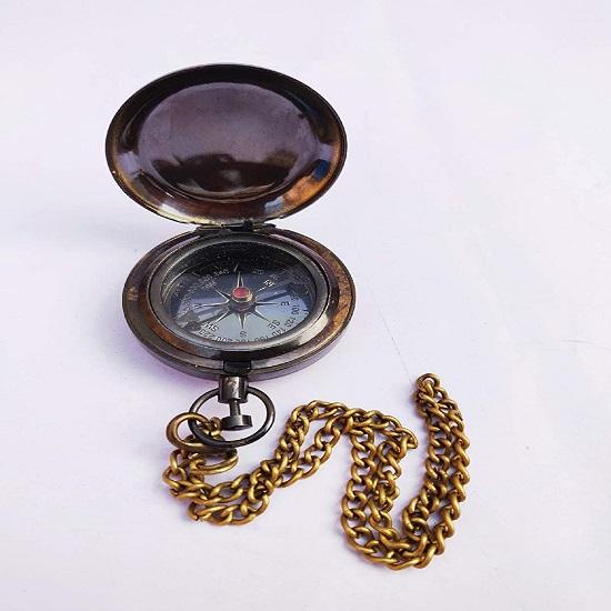 Brass Nautical Pocket Compass with Push Button and Chain Beautiful Antique Gift