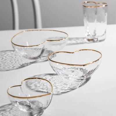 Creative Golden-Bordered Glass Salad Bowl, Ice Cream Dessert Plate, Fruit Plate, Heart-Shaped Bowl, Home Kitchen Tableware