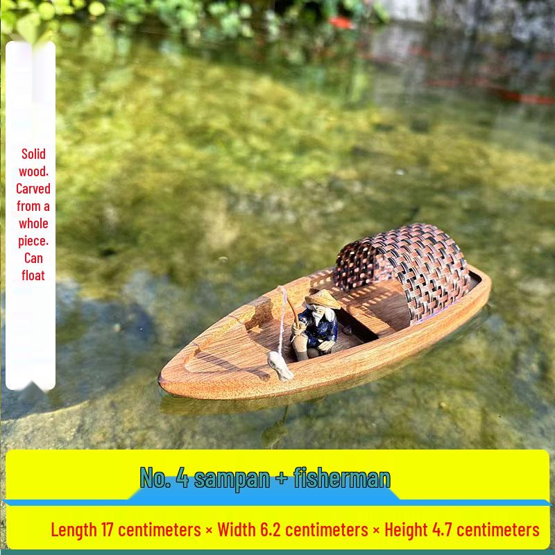 Retro Solid Wood Boat Model: Floating Fish Tank Ornament & Home Decor Toy
