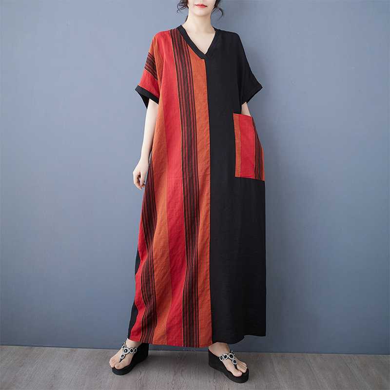 Summer Thin Cotton Linen Short Sleeved Contrasting Splicing Long Dress for Women
