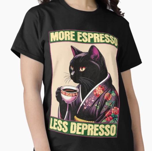 More Espresso Less Depresso Meme - Funny Coffee Cat Vintage Poster T-Shirt 2XL