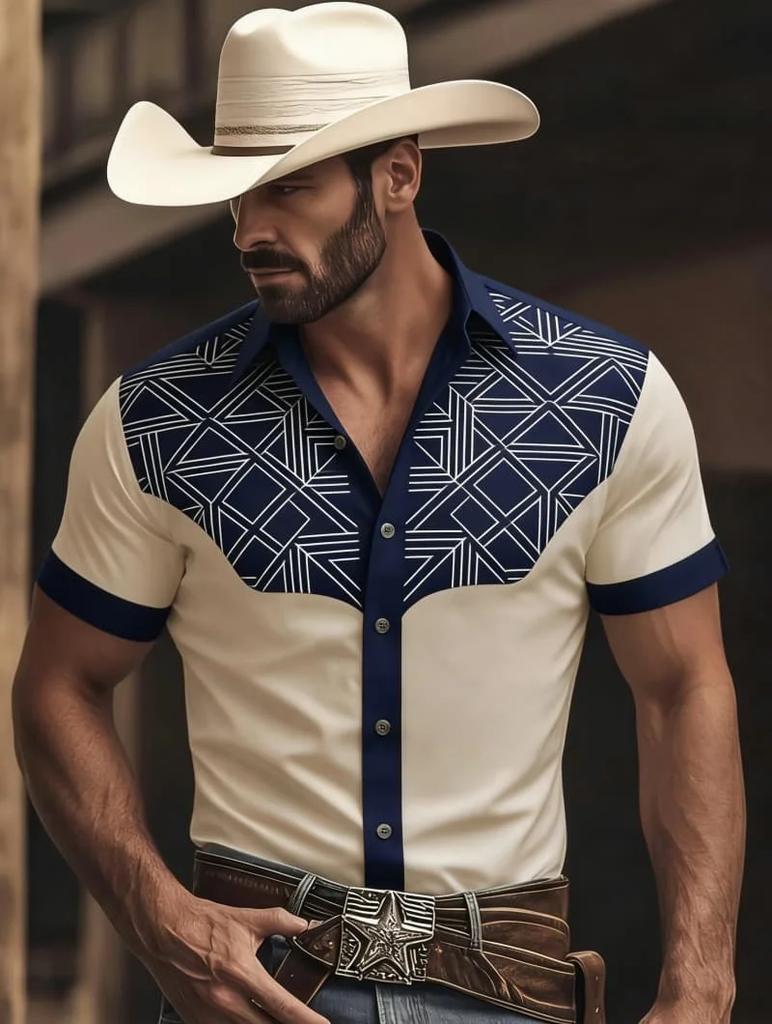 Western-inspired Short Sleeve Shirt with Embroidery, Stylish Men's Casual Top