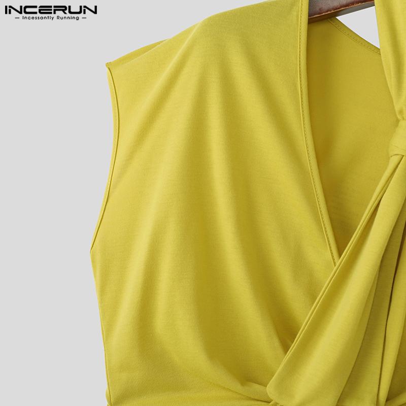 INCERUN Maiouri fără mâneci cu decolteu în V pentru bărbați, culoare uni, răsucite, cu talie subțire