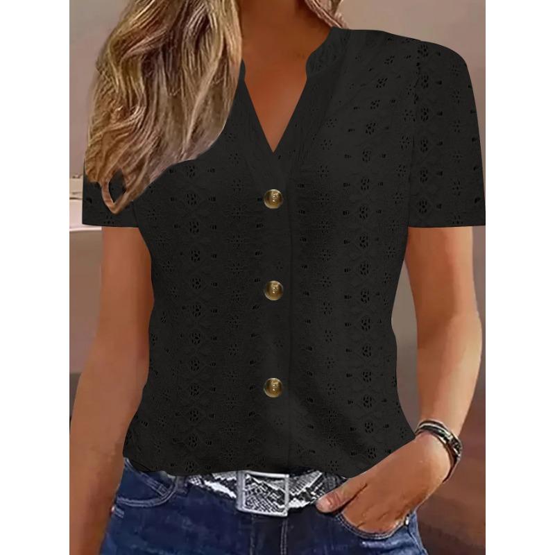 

Fashionable Casual Pure Color Button V-neck Short-sleeved Women s T-shirts XS чорний