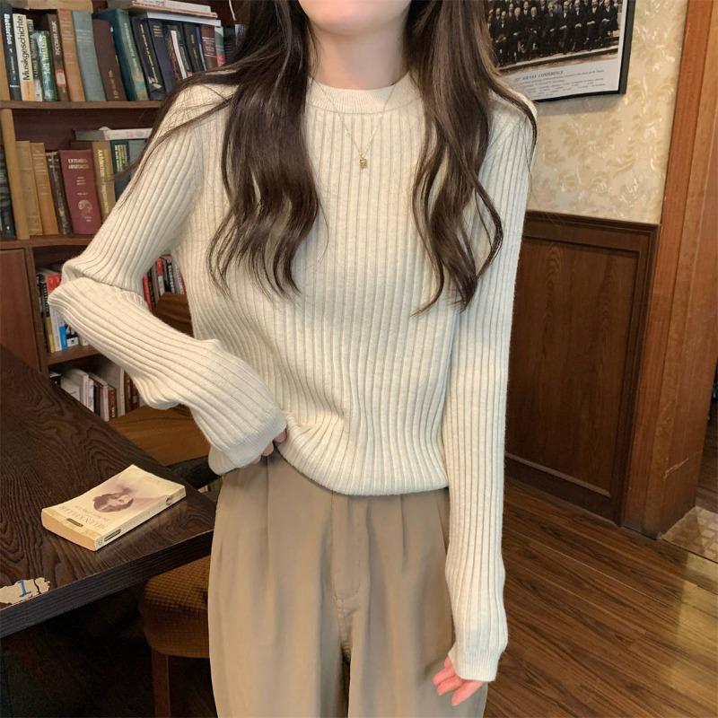 Front shoulder knitted sweater women's soft waxy texture sweater autumn and winter style waist and thin inner long-sleeved bottoming top