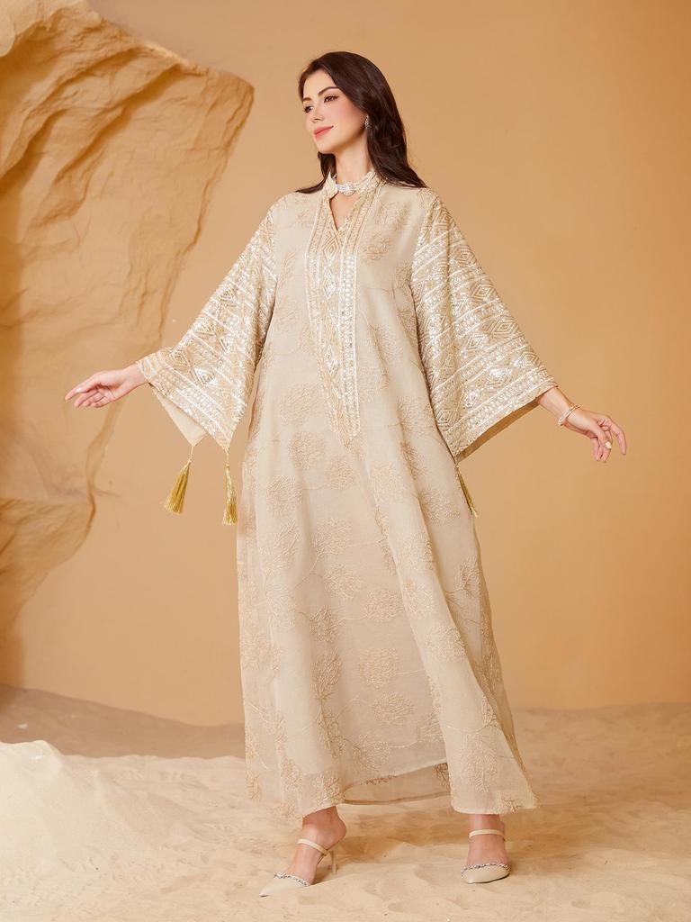 SW68 Muslim Embroidery Sequin Plus Size Women's Dubai Long Robe