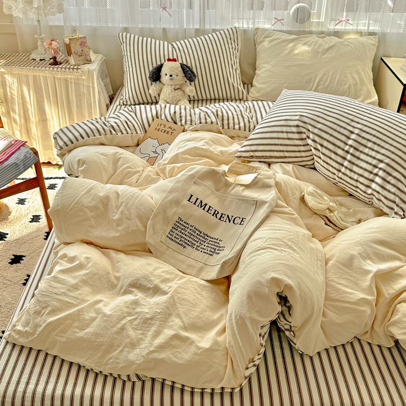 Striped Bedding Set Korean Style Duvet Cover Set Flat Sheets Set Single Twin Double Size Bed Linen Set Back To School Season