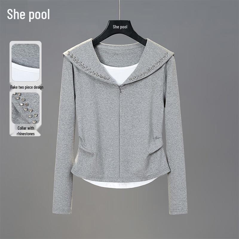 

Women s Navy Collar Fake Two-Piece Slim Fit Sweatshirt S