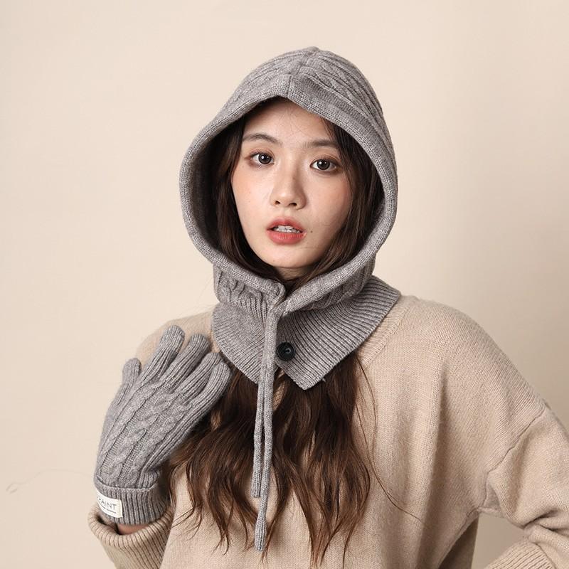 Vintage Red Balaclava Hat Women's Winter Warm Gloves Scarf Integrated Couple Ear Protectors Wool Knitted Hat