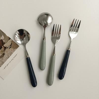Round Head Dessert Spoon Cake Silver Fruit Fork Ceramic Handle Stainless Steel Coffee Teaspoons Kitchen Accessories Tableware