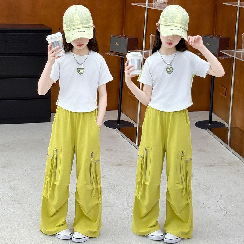 

Летний комплект с короткими рукавами для девочек, летние повседневные рабочие брюки для девочек, комплект из двух предметов, модный 130