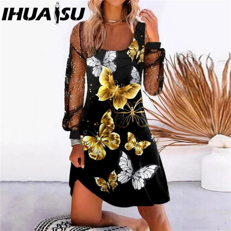 IHUASU Women's Fashion Spring Autumn Solid Color Print Long Sleeve U-Neck High Waist Casual Dresses