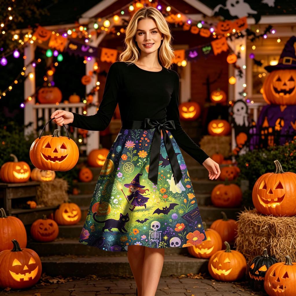 Women’s Crew Neck Long Sleeve Dress Halloween Themed Print Casual Style Waist Tie Fit and Flare Comfortable Material