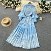 French Vintage Summer Autumn Stand Collar Long Lantern Sleeve Print Long Maxi Dress for Women