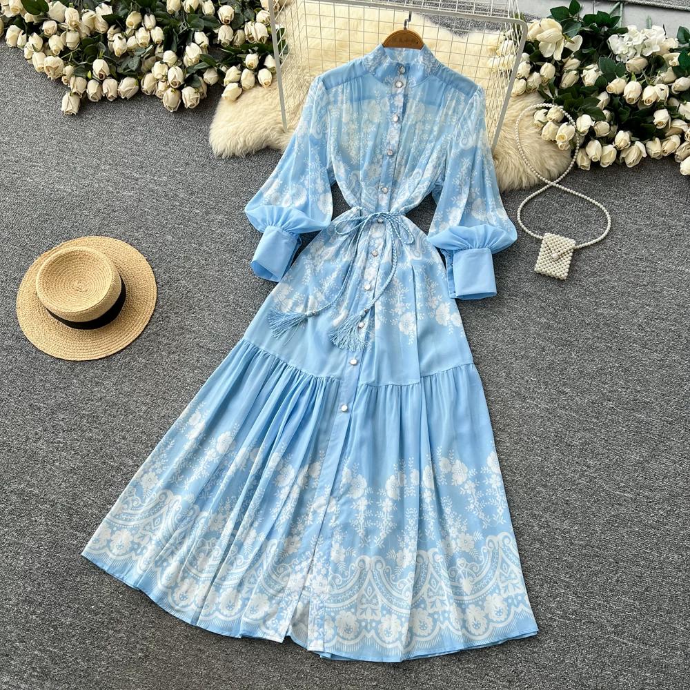 French Vintage Summer Autumn Stand Collar Long Lantern Sleeve Print Long Maxi Dress for Women
