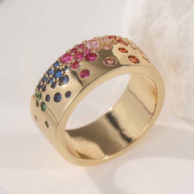 Exquisite Gold Color Inlaid Multicolored CZ Women's Ring Geometry Daily Wear Party Jewelry